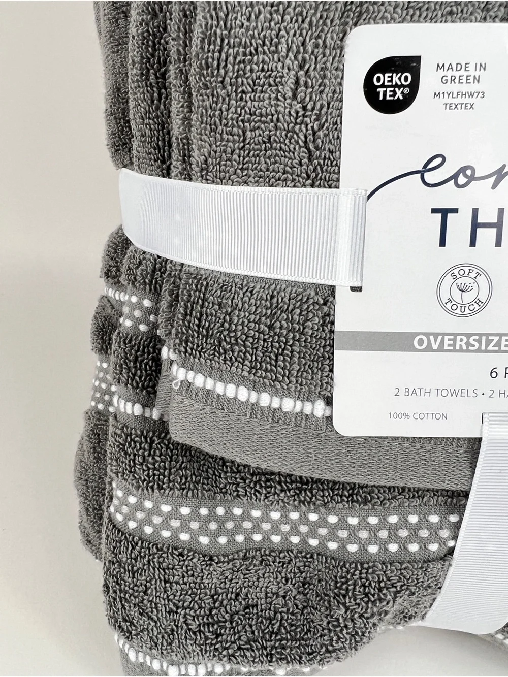 Common Thread Bath Towel Set Grey White Quick Dry Low Twist Cotton 6 Pc NEW